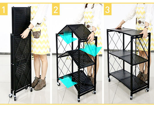 Shelving claro dobrável com rodas, shelving do dever do metal de 3 séries para a cozinha